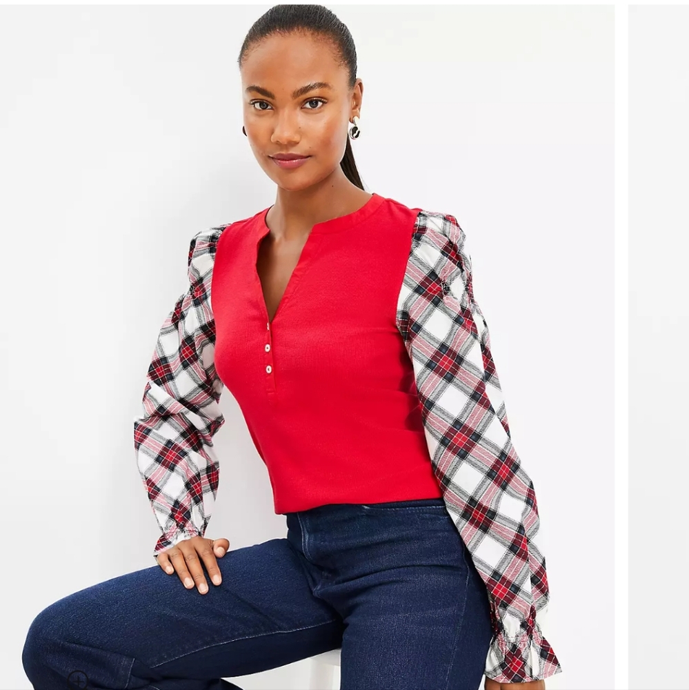 NWT LOFT plaid blouse top red Henley holiday long sleeve large women's - Picture 2 of 9